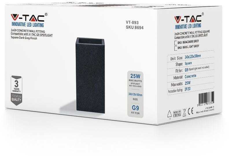 LED sieninis šviestuvas V-TAC, G9, stačiakampio formos, tamsiai pilkas, betoninis
