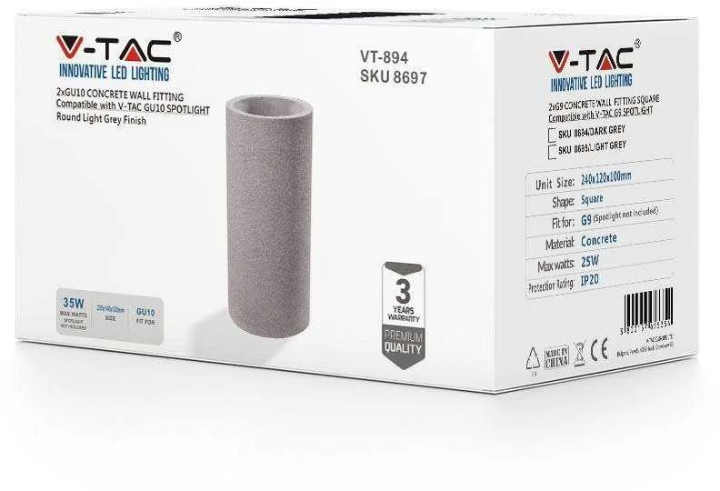 LED sieninis šviestuvas V-TAC, GU10, ritinio formos, šviesiai pilkas, betoninis