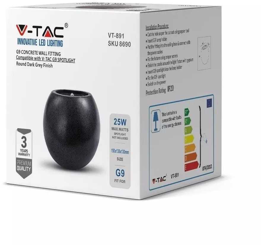 LED sieninis šviestuvas V-TAC, G9, apvalus, tamsiai pilkas, betoninis