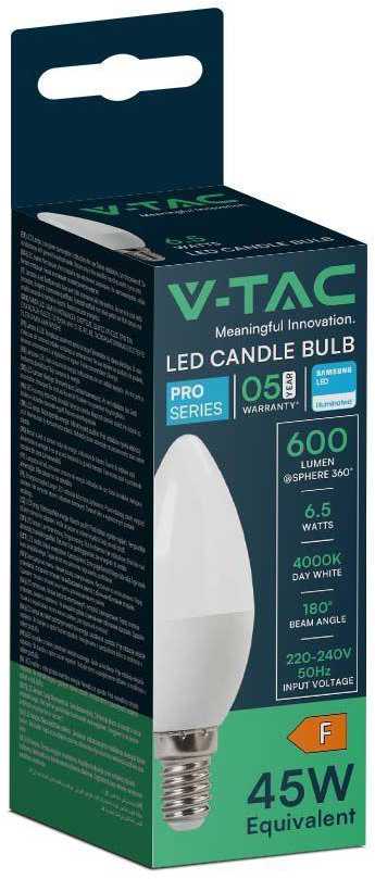 V-tac 6,5W LED lemputė, E14, žvakės formos, 6500K, 180°