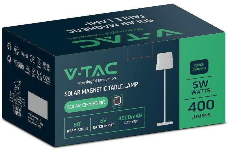 V-tac 5W LED įkraunamas stalo šviestuvas su saulės baterija, baltas, 3000-6000K, dimeriuojamas, IP65