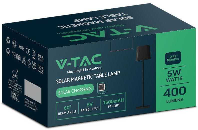 V-tac 5W LED įkraunamas stalo šviestuvas su saulės baterija, juodas, 3000-6000K, dimeriuojamas, IP65