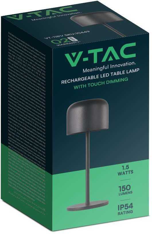 V-tac 1,5W LED įkraunamas stalo šviestuvas, juodas, 2700-5700K, dimeriuojamas, IP54