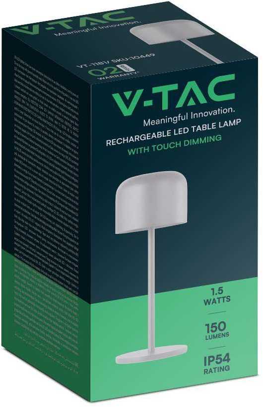 V-tac 1,5W LED įkraunamas stalo šviestuvas, baltas, 2700-5700K, dimeriuojamas, IP54
