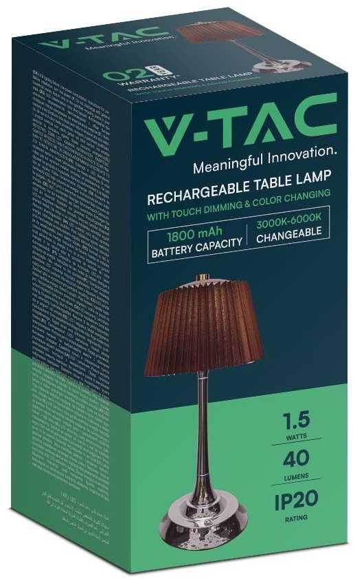 V-tac 1,5W LED įkraunamas stalo šviestuvas, rudos/chromo sp., 3000/4000/6000K, dimeriuojamas