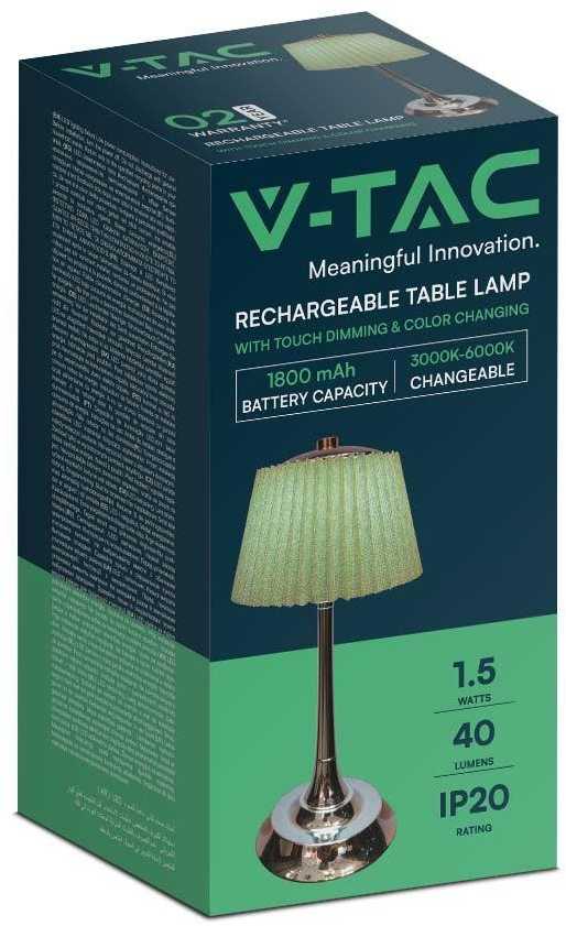 V-tac 1,5W LED įkraunamas stalo šviestuvas, žalios/chromo sp., 3000/4000/6000K, dimeriuojamas
