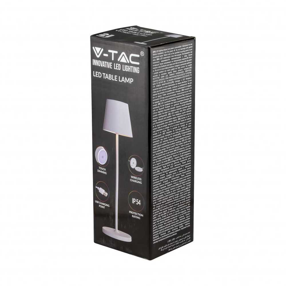 V-tac 1,5W LED įkraunamas stalo šviestuvas, baltas, 3000K, dimeriuojamas, IP54