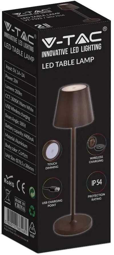 V-tac 1,5W LED įkraunamas stalo šviestuvas, rūdžių sp., 3000K, dimeriuojamas, IP54