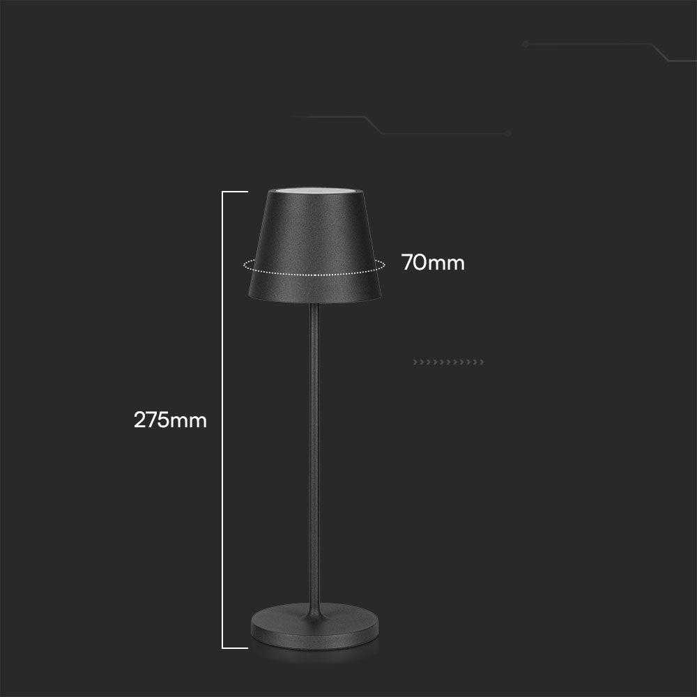 V-tac 1,5W LED įkraunamas stalo šviestuvas, juodas, 3000K, dimeriuojamas, IP54