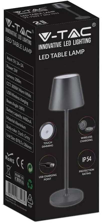 V-tac 1,5W LED įkraunamas stalo šviestuvas, juodas, 3000K, dimeriuojamas, IP54
