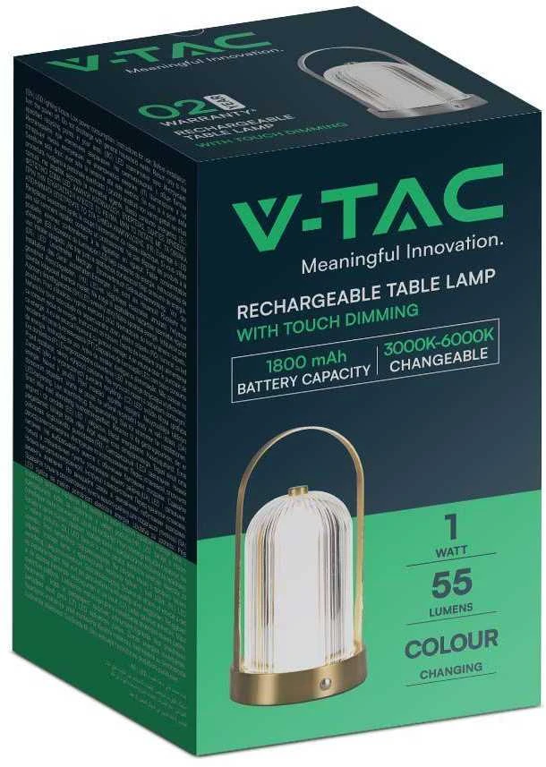 V-tac 1W LED įkraunamas stalinis šviestuvas, aukso sp. korpusu, 3000/6000K, dimeriuojamas