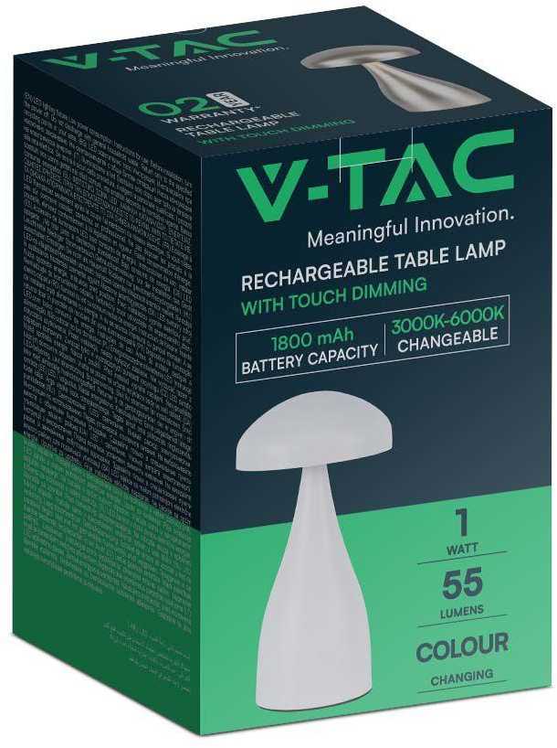V-tac 1W LED įkraunamas stalinis šviestuvas, baltas, 3000/6000K, dimeriuojamas