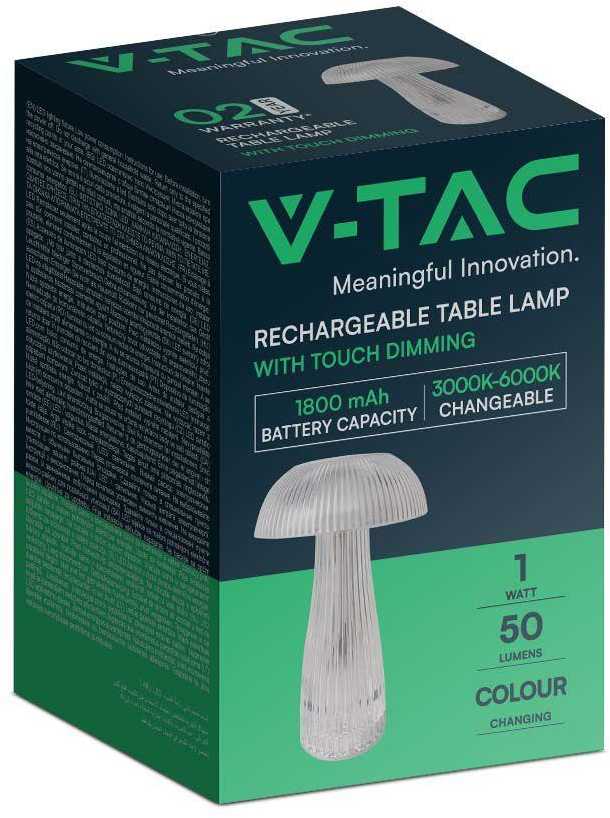 V-tac 1W LED įkraunamas stalinis šviestuvas, skaidrus, 3000/6000K, dimeriuojamas