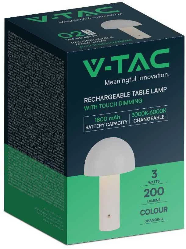 V-tac 3W LED įkraunamas stalinis šviestuvas, baltas, 3000/6000K, dimeriuojamas