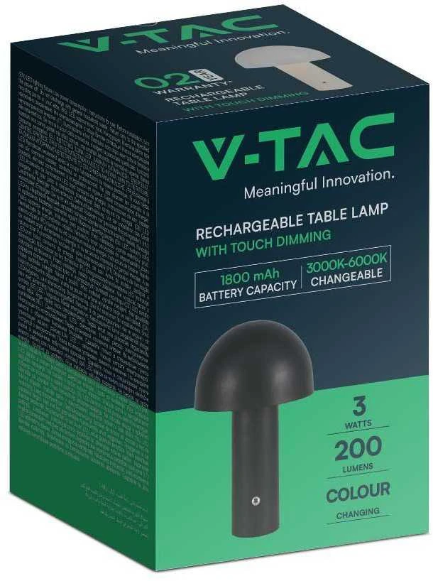 V-tac 3W LED įkraunamas stalinis šviestuvas, juodas, 3000/6000K, dimeriuojamas