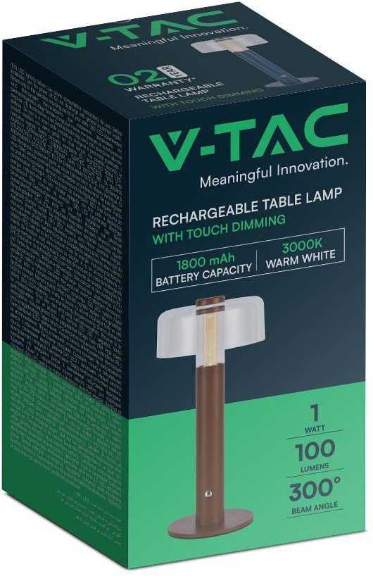 V-tac 1W LED įkraunamas stalinis šviestuvas, rudas, 3000K, dimeriuojamas