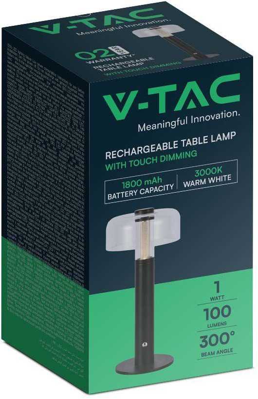 V-tac 1W LED įkraunamas stalinis šviestuvas, juodas, 3000K, dimeriuojamas