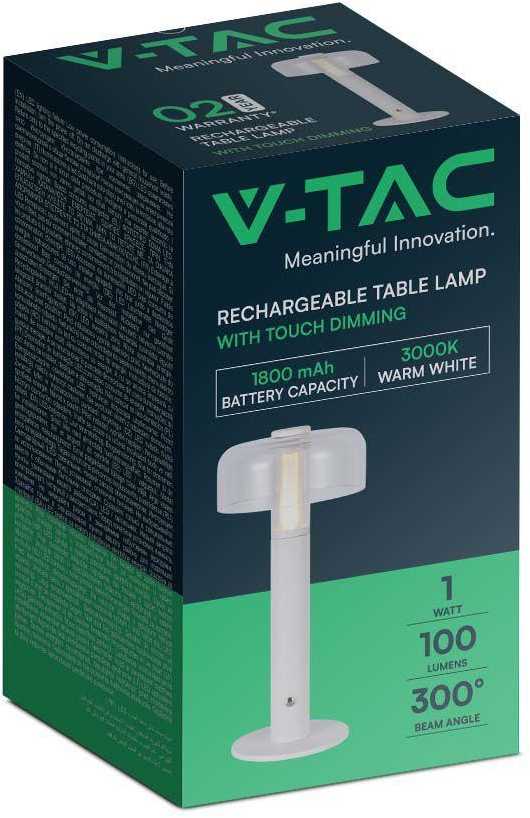 V-tac 1W LED įkraunamas stalinis šviestuvas, baltas, 3000K, dimeriuojamas