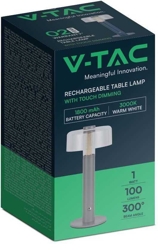 V-tac 1W LED įkraunamas stalinis šviestuvas, pilkas, 3000K, dimeriuojamas