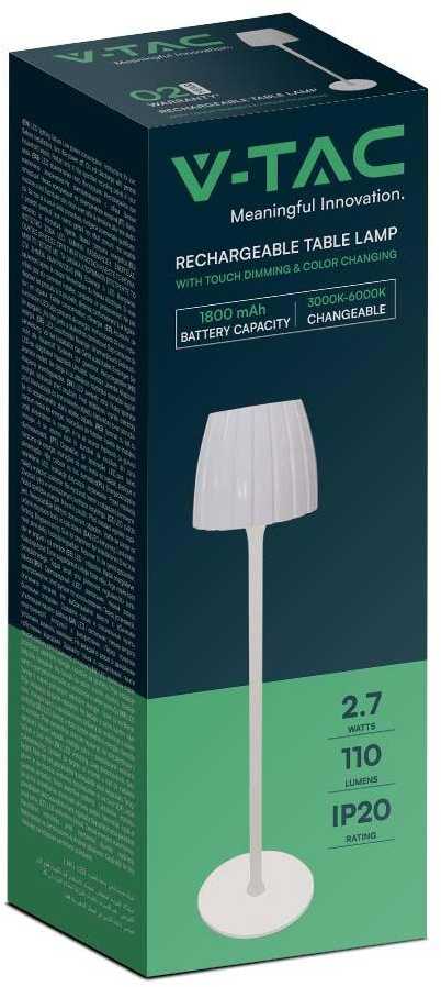 V-tac 2,7W LED įkraunamas stalo šviestuvas, baltas, 3000/4000/6000K, dimeriuojamas