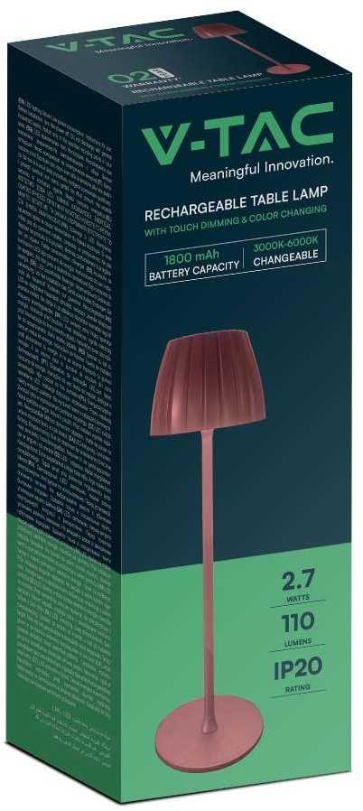 V-tac 2,7W LED įkraunamas stalo šviestuvas, šviesios bordo sp., 3000/4000/6000K, dimeriuojamas