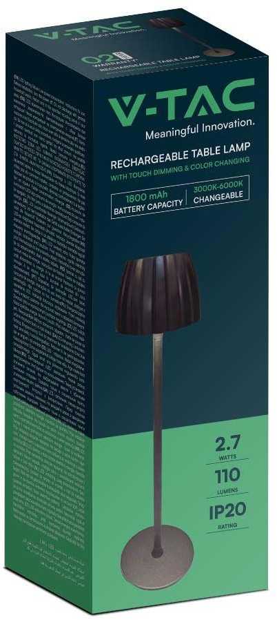 V-tac 2,7W LED įkraunamas stalo šviestuvas, juodas, 3000/4000/6000K, dimeriuojamas