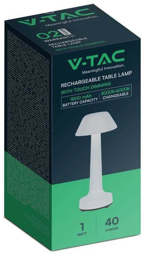 V-tac 1W LED įkraunamas stalo šviestuvas, baltas, 3000-6000K, dimeriuojamas