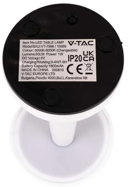 V-tac 1W LED įkraunamas stalo šviestuvas, baltas, 3000-6000K, dimeriuojamas