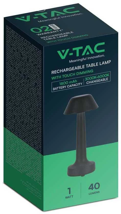 V-tac 1W LED įkraunamas stalo šviestuvas, juodas, 3000-6000K, dimeriuojamas