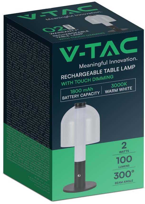 V-tac 2W LED įkraunamas stalinis šviestuvas, juodos sp./skaidrus, 3000/6000K, dimeriuojamas