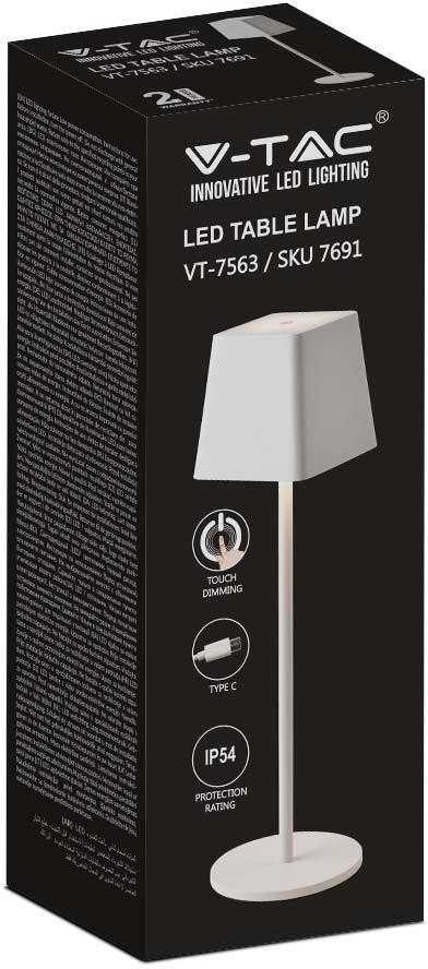 V-tac 2W LED įkraunamas stalinis šviestuvas, baltas, 3000K, dimeriuojamas