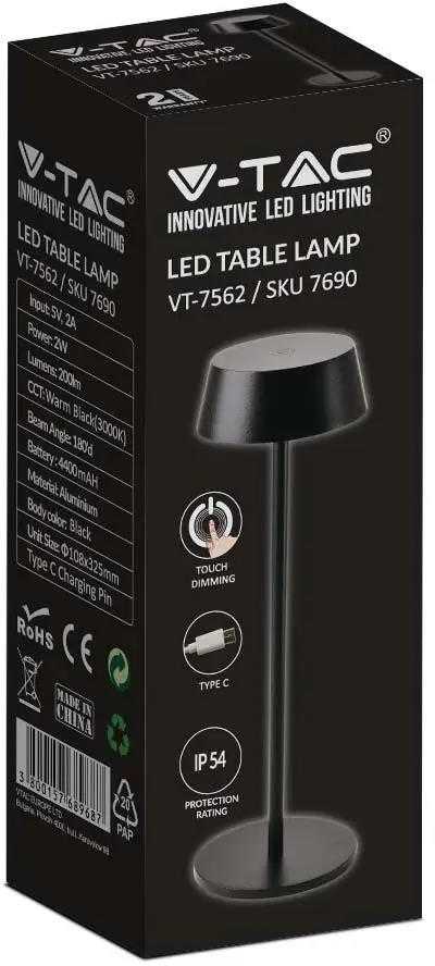 V-tac 2W LED įkraunamas stalinis šviestuvas, juodas, 3000K