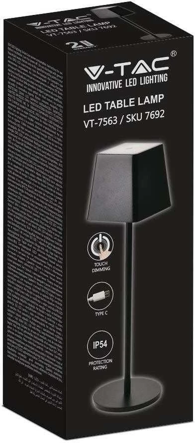 V-tac 2W LED įkraunamas stalinis šviestuvas, juodas, 3000K, dimeriuojamas