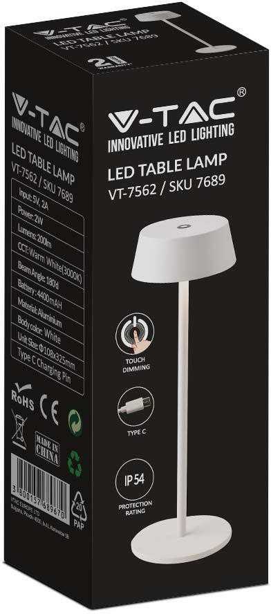 V-tac 2W LED įkraunamas stalinis šviestuvas, baltas, 3000K, dimeriuojamas