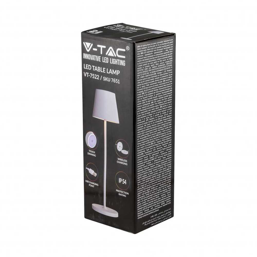 V-tac 2W LED įkraunamas stalinis šviestuvas, baltas, 3000K, dimeriuojamas, IP54, su belaidžio įkrovimo funkcija