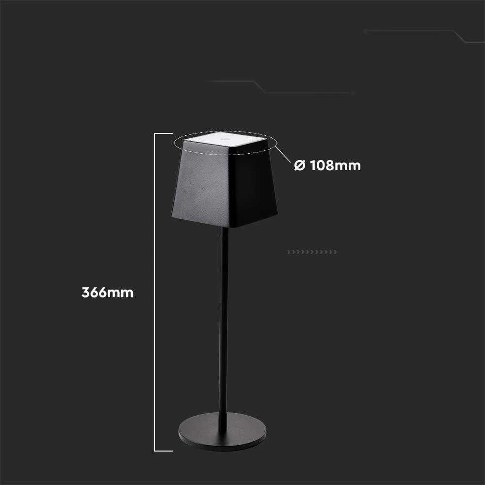V-tac 2W LED įkraunamas stalinis šviestuvas, juodas, 3000K, dimeriuojamas