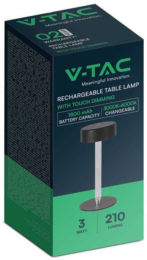V-tac 3W LED įkraunamas stalo šviestuvas, juodas, 3000-6000K, dimeriuojamas
