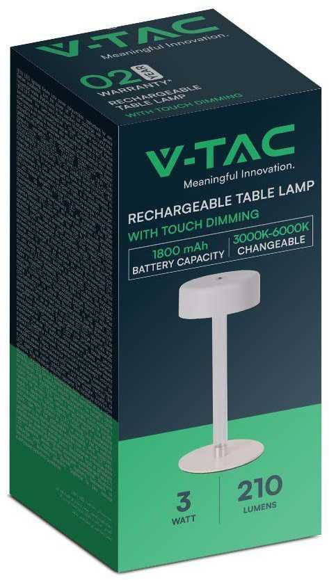 V-tac 3W LED įkraunamas stalo šviestuvas, baltas, 3000-6000K, dimeriuojamas