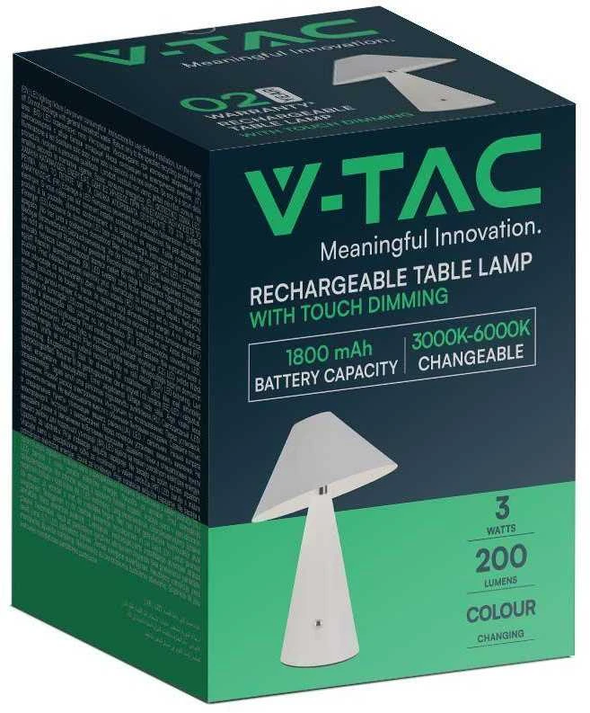 V-tac 3W LED įkraunamas stalinis šviestuvas, baltas, 3000/6000K, dimeriuojamas