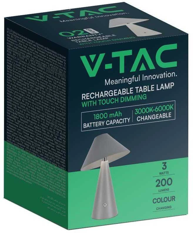 V-tac 3W LED įkraunamas stalinis šviestuvas, pilkas, 3000/6000K, dimeriuojamas