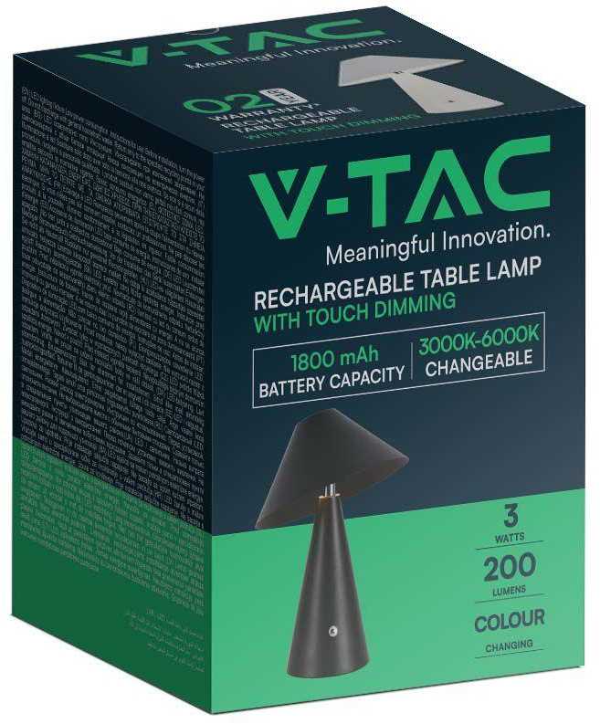V-tac 3W LED įkraunamas stalinis šviestuvas, juodas, 3000/6000K, dimeriuojamas