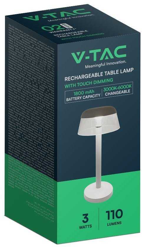 V-tac 3W LED įkraunamas stalo šviestuvas, baltas, 3000-6000K, dimeriuojamas