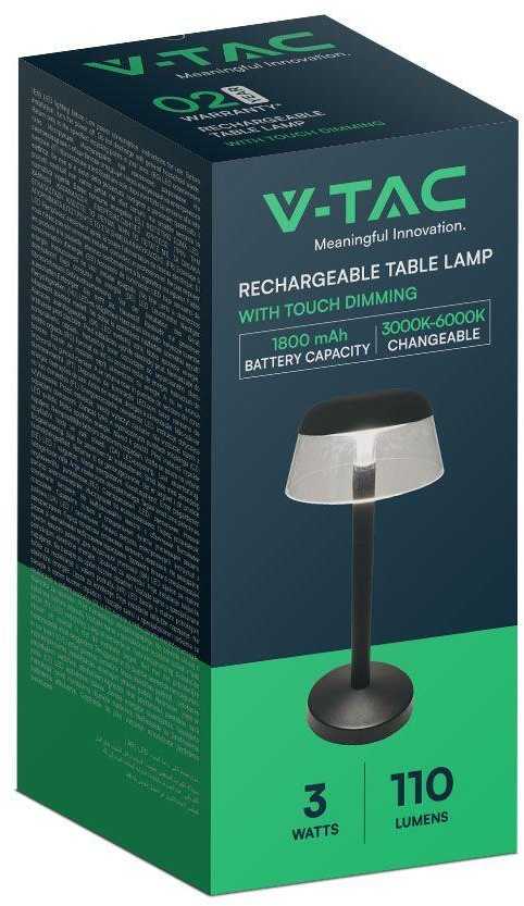 V-tac 3W LED įkraunamas stalo šviestuvas, juodas, 3000-6000K, dimeriuojamas