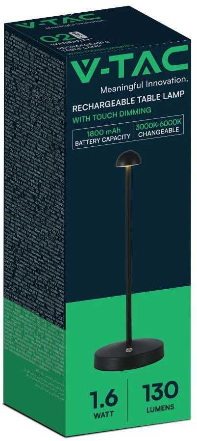 V-tac 3W LED įkraunamas stalinis šviestuvas, juodas, 3000/6000K, dimeriuojamas
