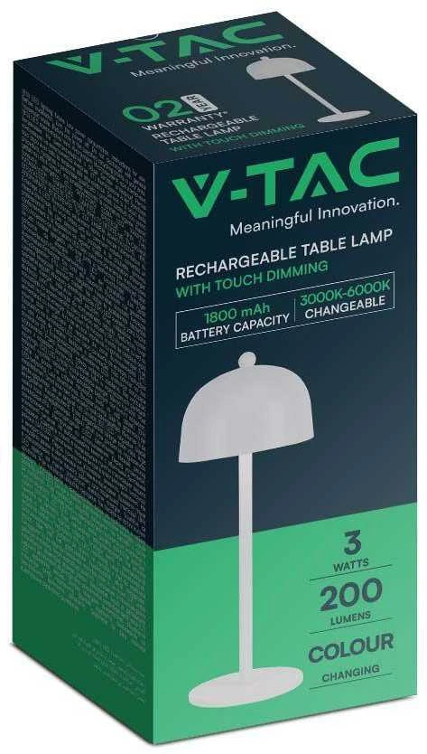 V-tac 3W LED įkraunamas stalinis šviestuvas, baltas, 3000/6000K, dimeriuojamas