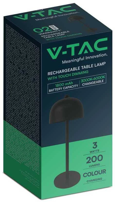 V-tac 3W LED įkraunamas stalinis šviestuvas, juodas, 3000/6000K, dimeriuojamas