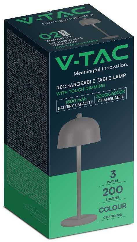 V-tac 3W LED įkraunamas stalinis šviestuvas, pilkas, 3000/6000K, dimeriuojamas