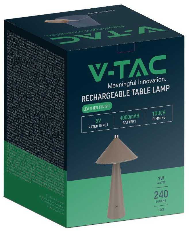 V-tac 3W LED įkraunamas stalo šviestuvas, rudas, 3000-6000K, dimeriuojamas