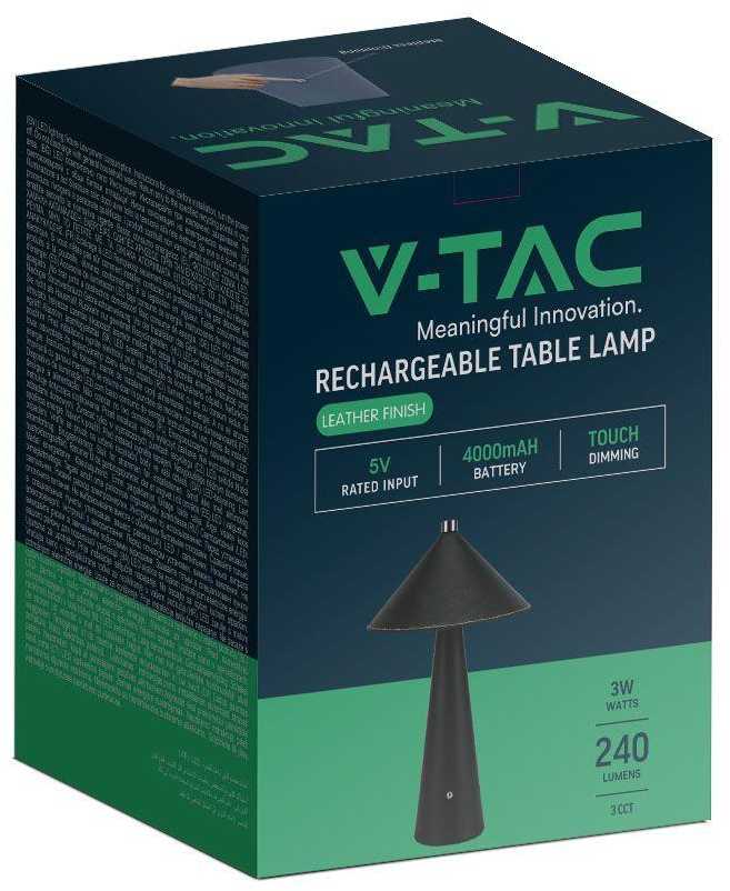 V-tac 3W LED įkraunamas stalo šviestuvas, juodas, 3000-6000K, dimeriuojamas