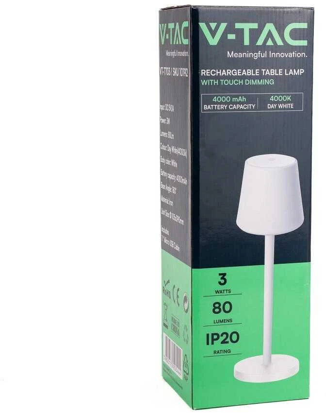 V-tac 3W LED įkraunamas stalo šviestuvas, baltas, 4000K, dimeriuojamas